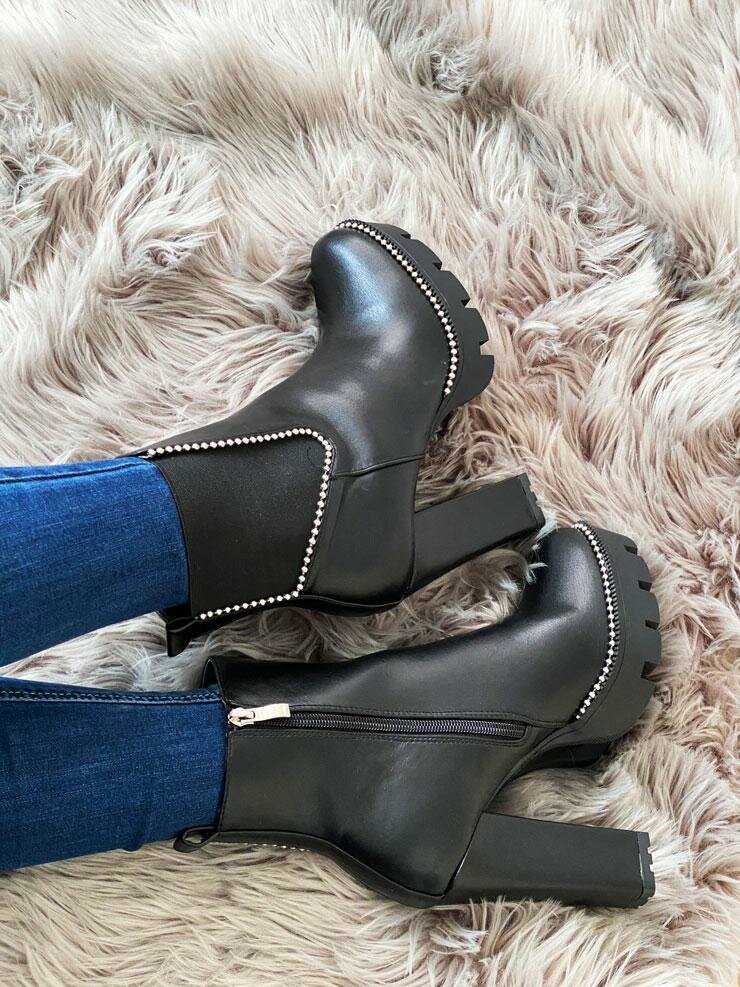 Gallery Black Faux Leather Studded Heel Boots