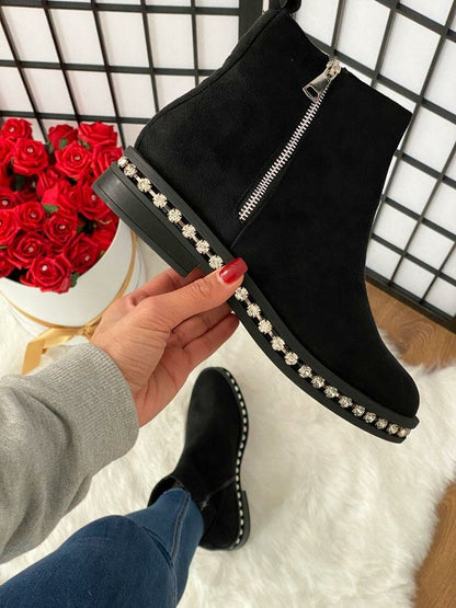 Moxie Black Faux Suede Diamante Zip Chelsea Boots