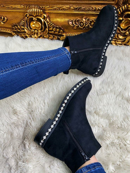 Moxie Black Faux Suede Diamante Zip Chelsea Boots
