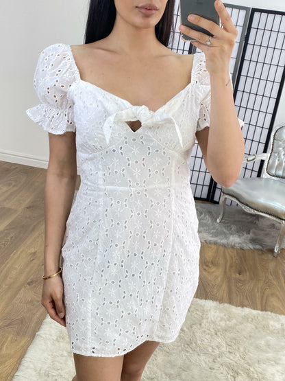 Mahina White Embroidery Anglaise Tie Bow Summer Dress