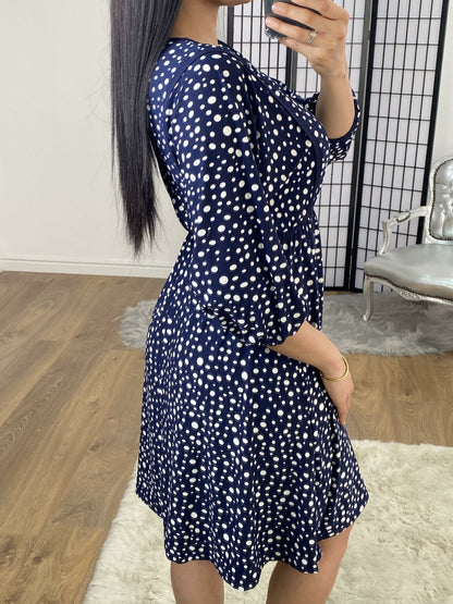 Toula Navy Polka Dot Elasticated Swing Dress