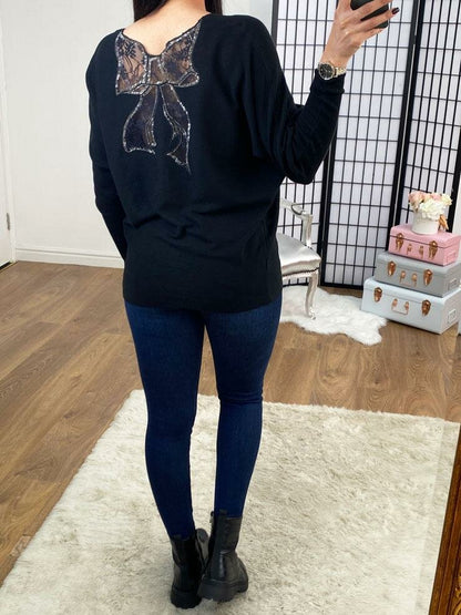 Brayden Lace Bow Back Diamante Zip Knitted Jumper