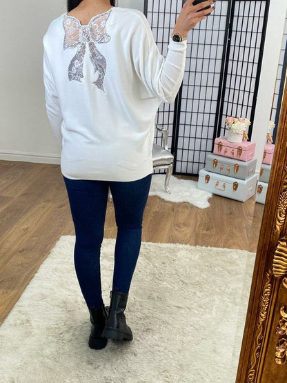 Brayden Lace Bow Back Diamante Zip Knitted Jumper