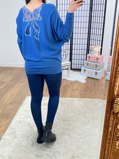 Brayden Lace Bow Back Diamante Zip Knitted Jumper