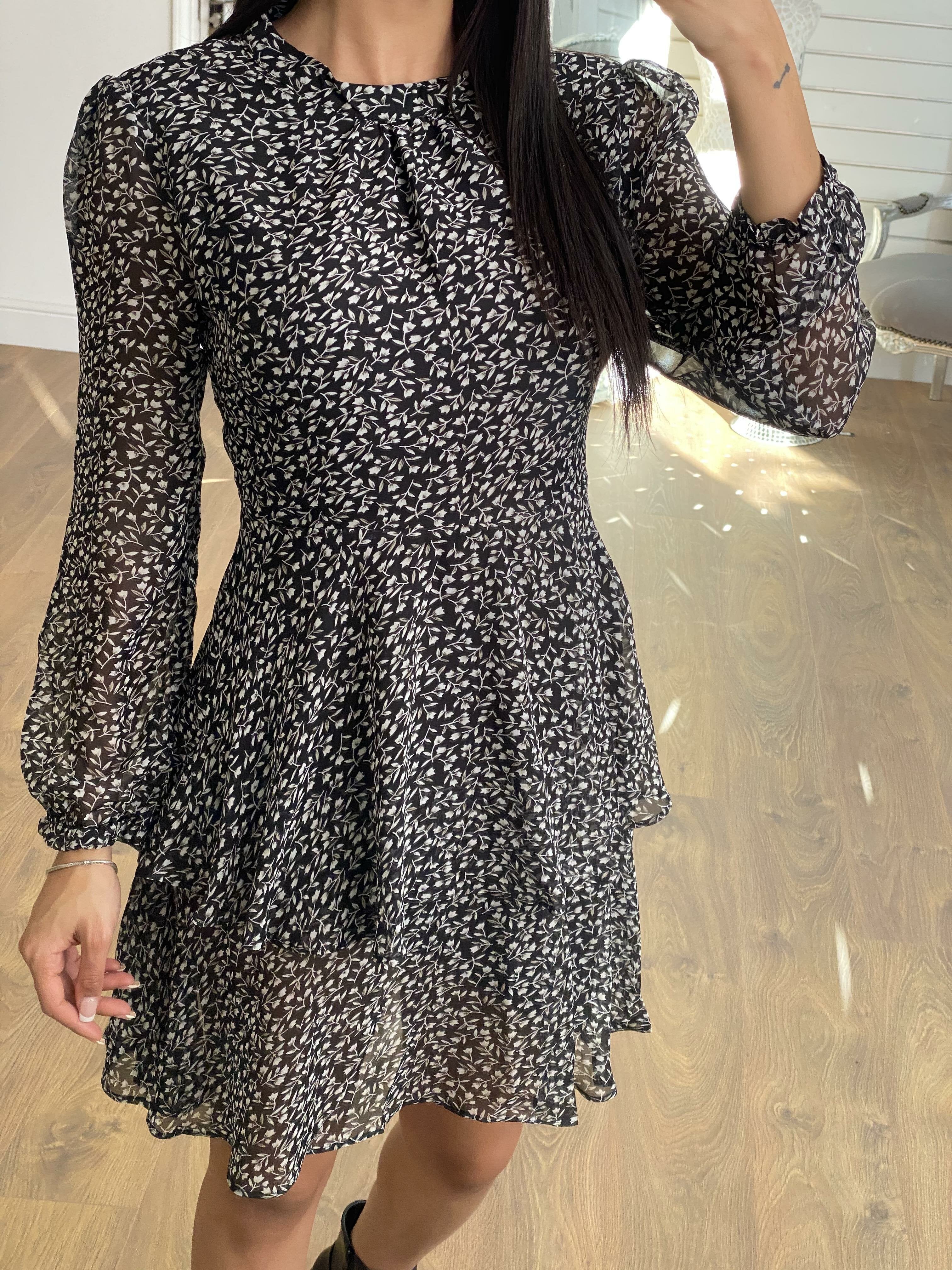 Kasha Black Paisley Frill Detailed Chiffon  Dress