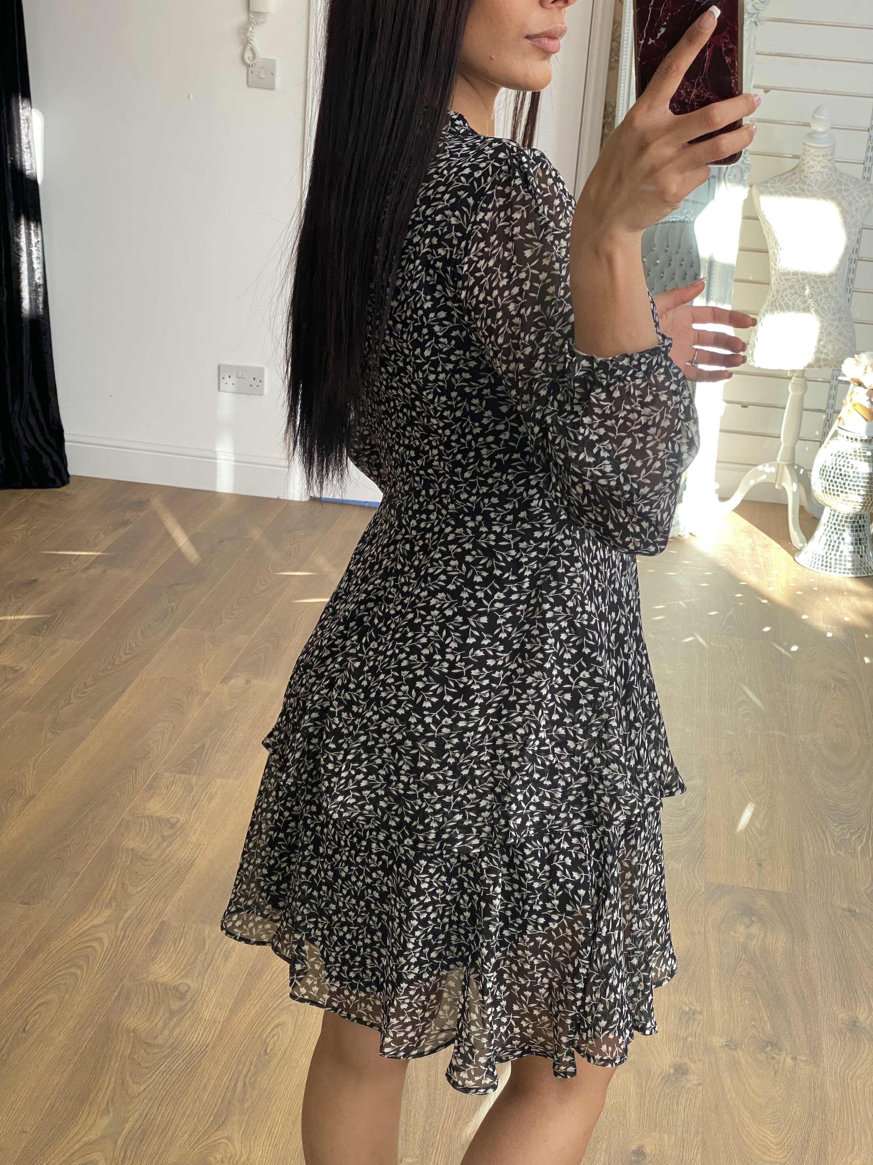 Kasha Black Paisley Frill Detailed Chiffon  Dress