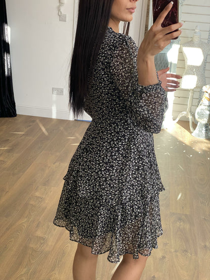 Kasha Black Paisley Frill Detailed Chiffon  Dress