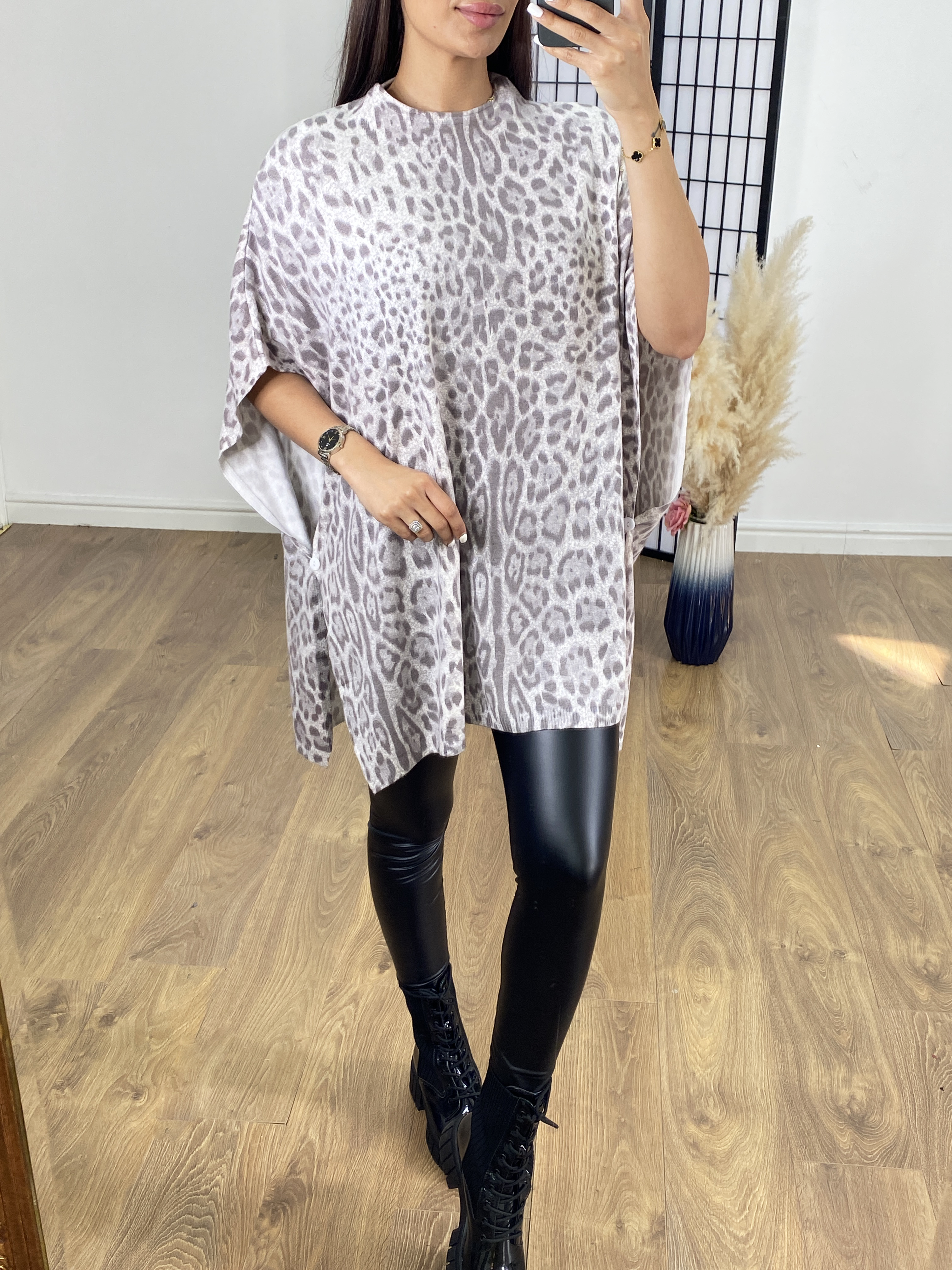 Denya Grey Cheetah Print Longline Cape