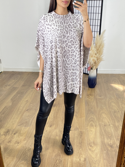 Denya Grey Cheetah Print Longline Cape