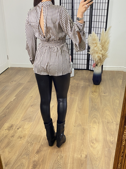 Halo Checkerboard Print Split Sleeve Blouse