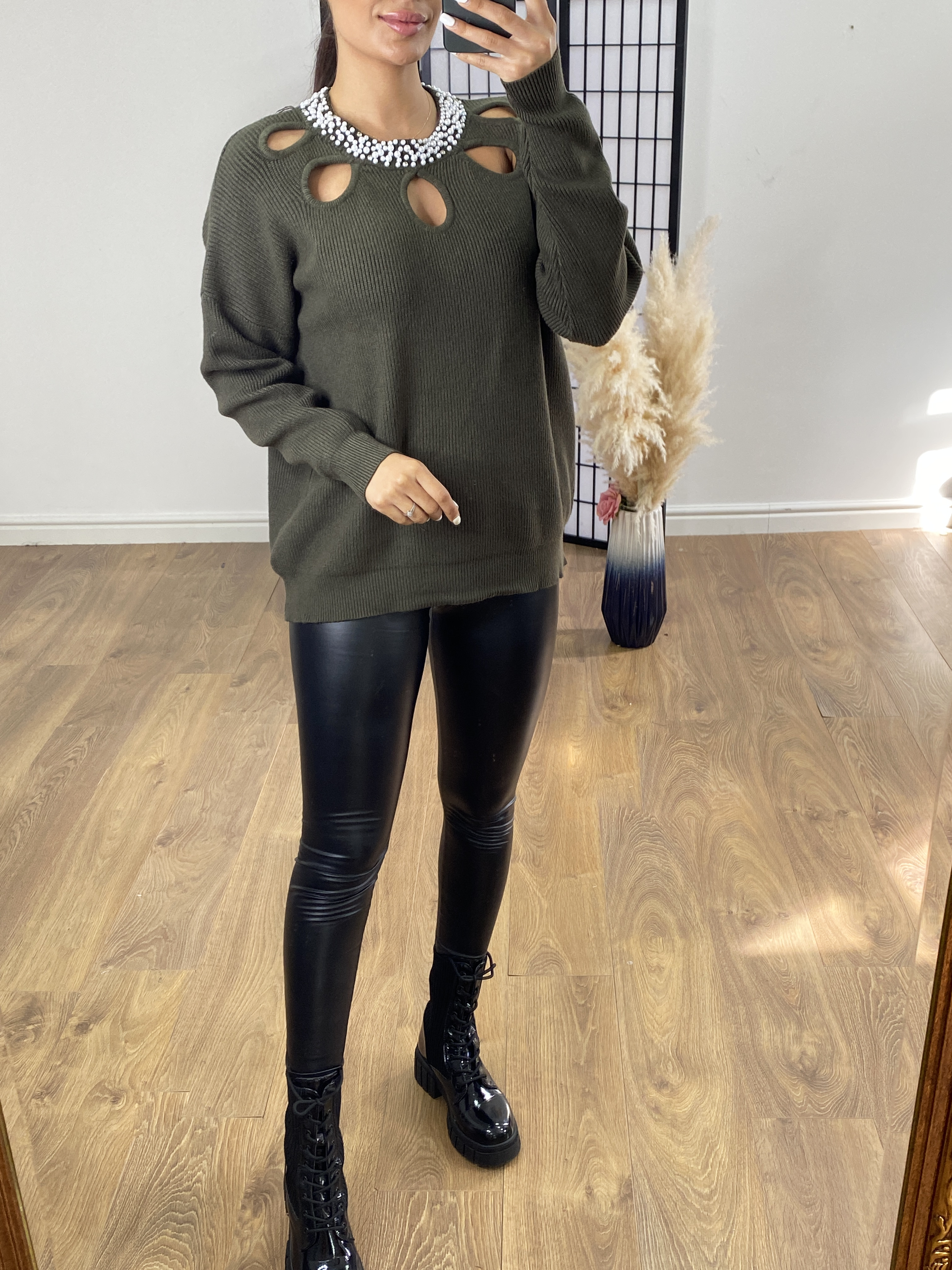 Wright Pearl Detail Cut Out Ribbed Jumper