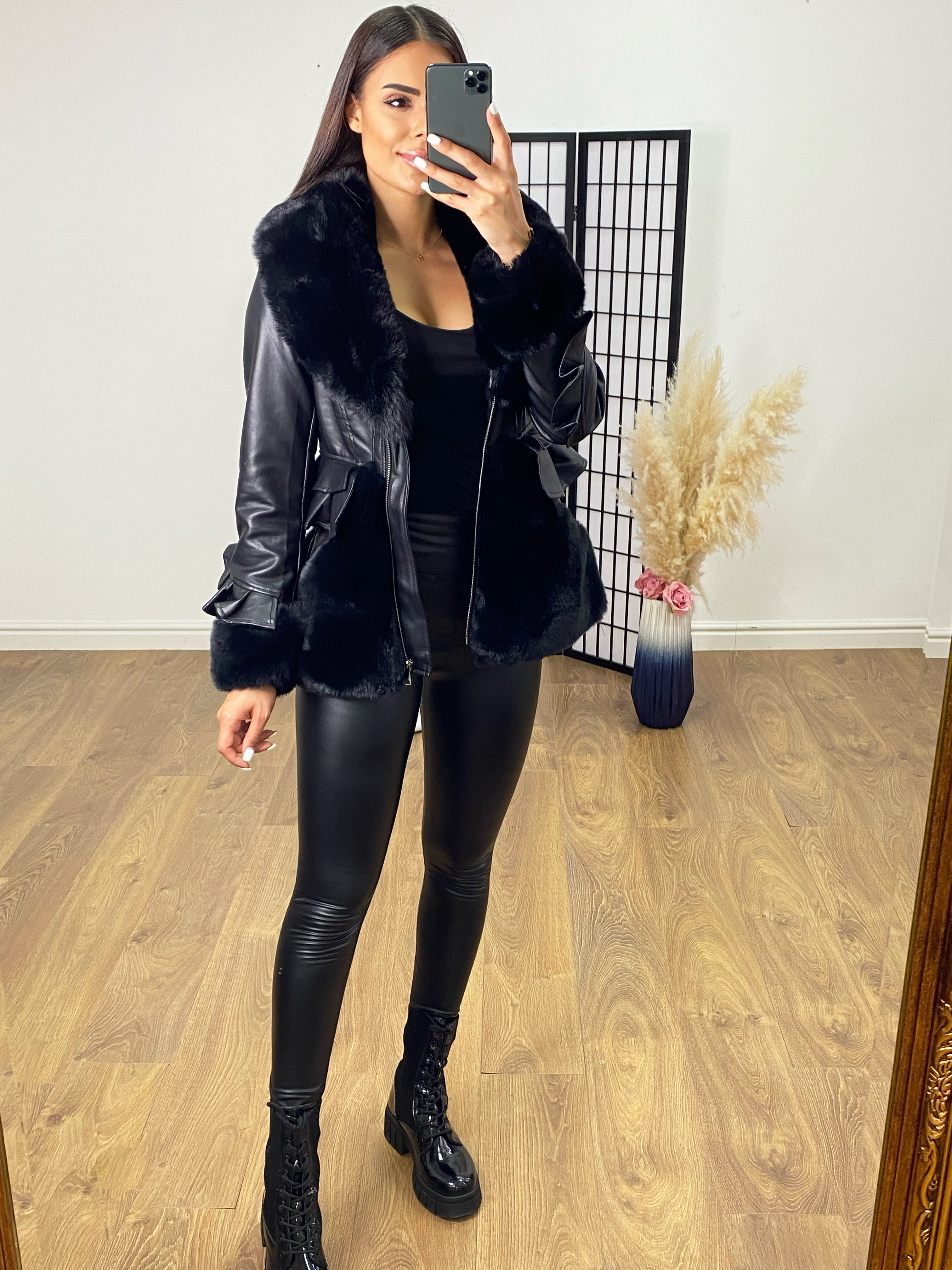 Peplum black leather jacket hot sale