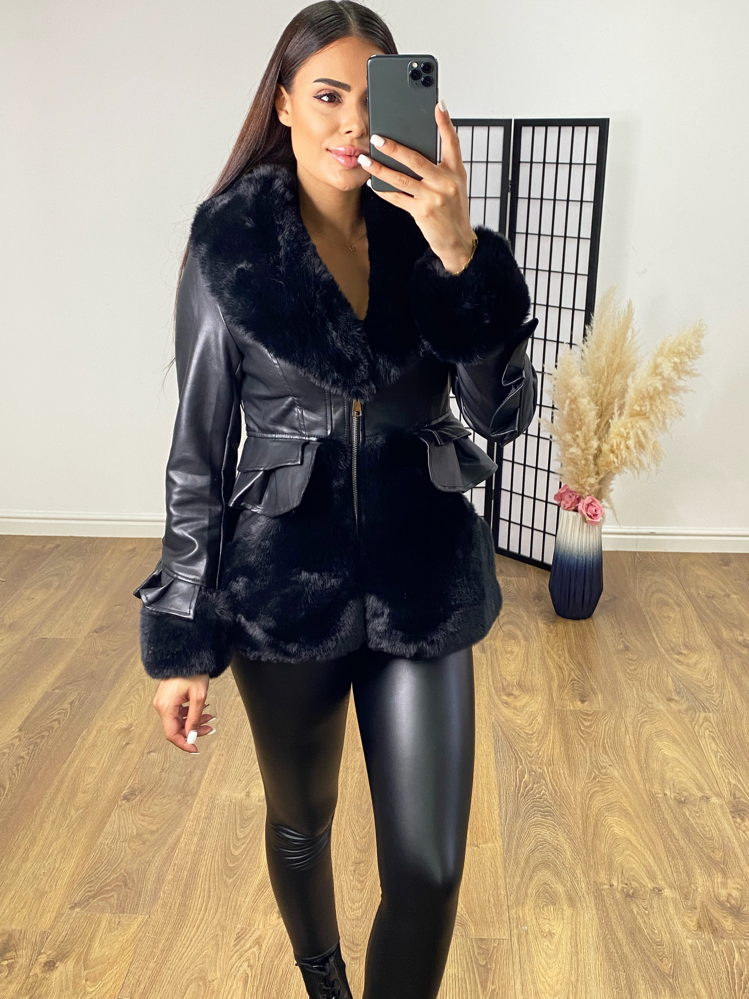 Taylor Black Faux Leather Peplum Coat BowsBoutiques