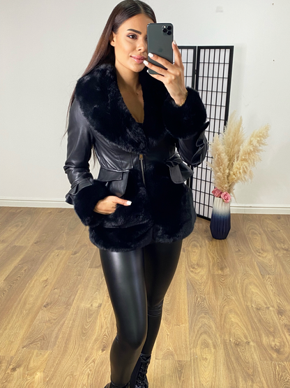 Taylor Black Faux Leather Peplum Coat