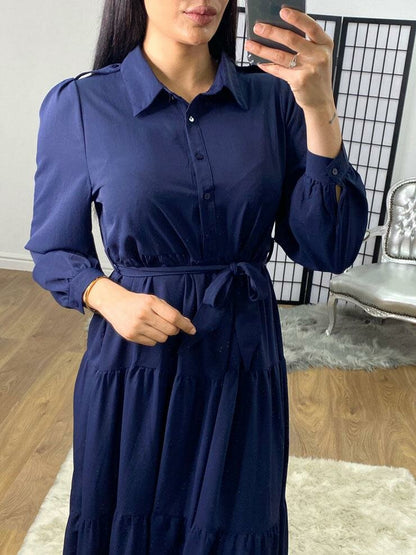 Poula Tiered Chiffon Navy Tie Waist Shirt Dress