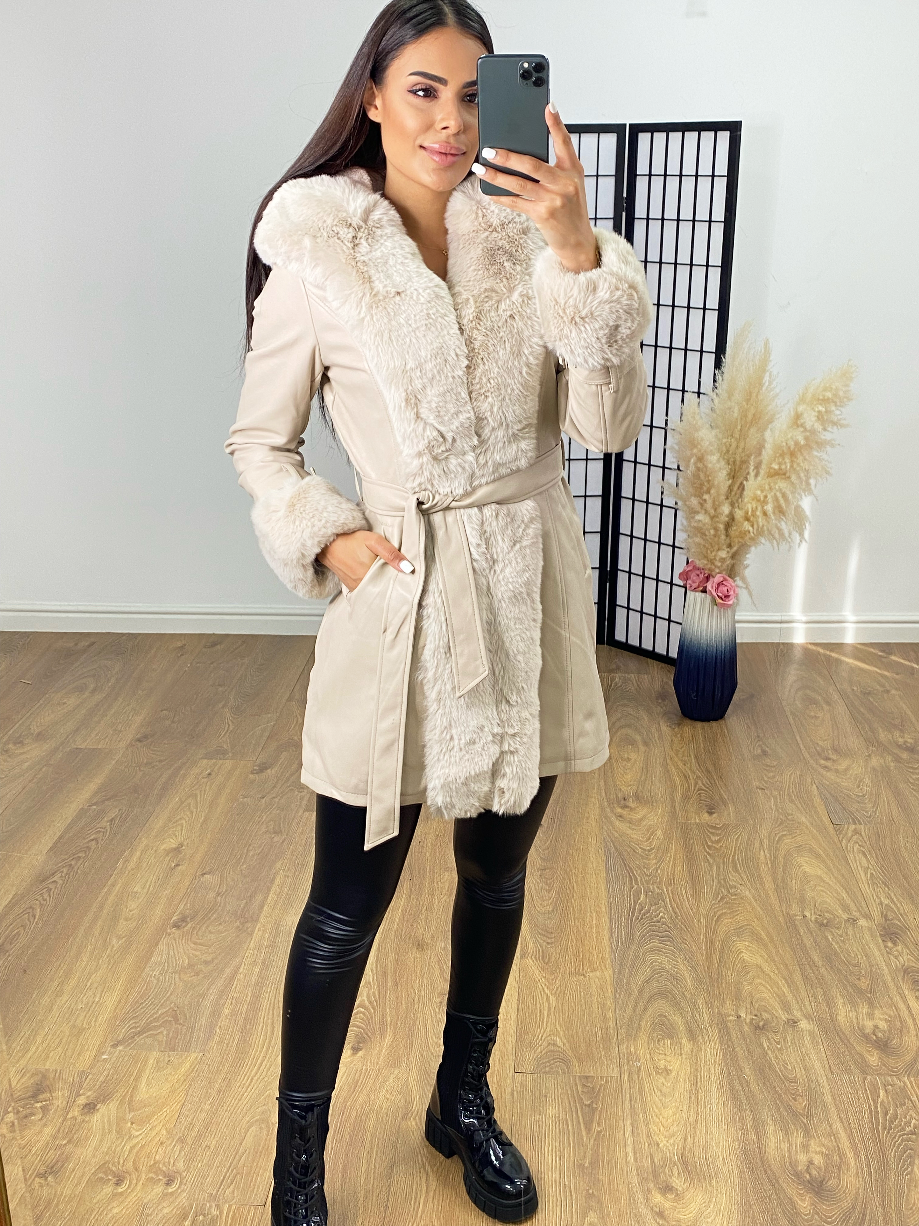 Paris Beige Faux Leather Hooded Coat