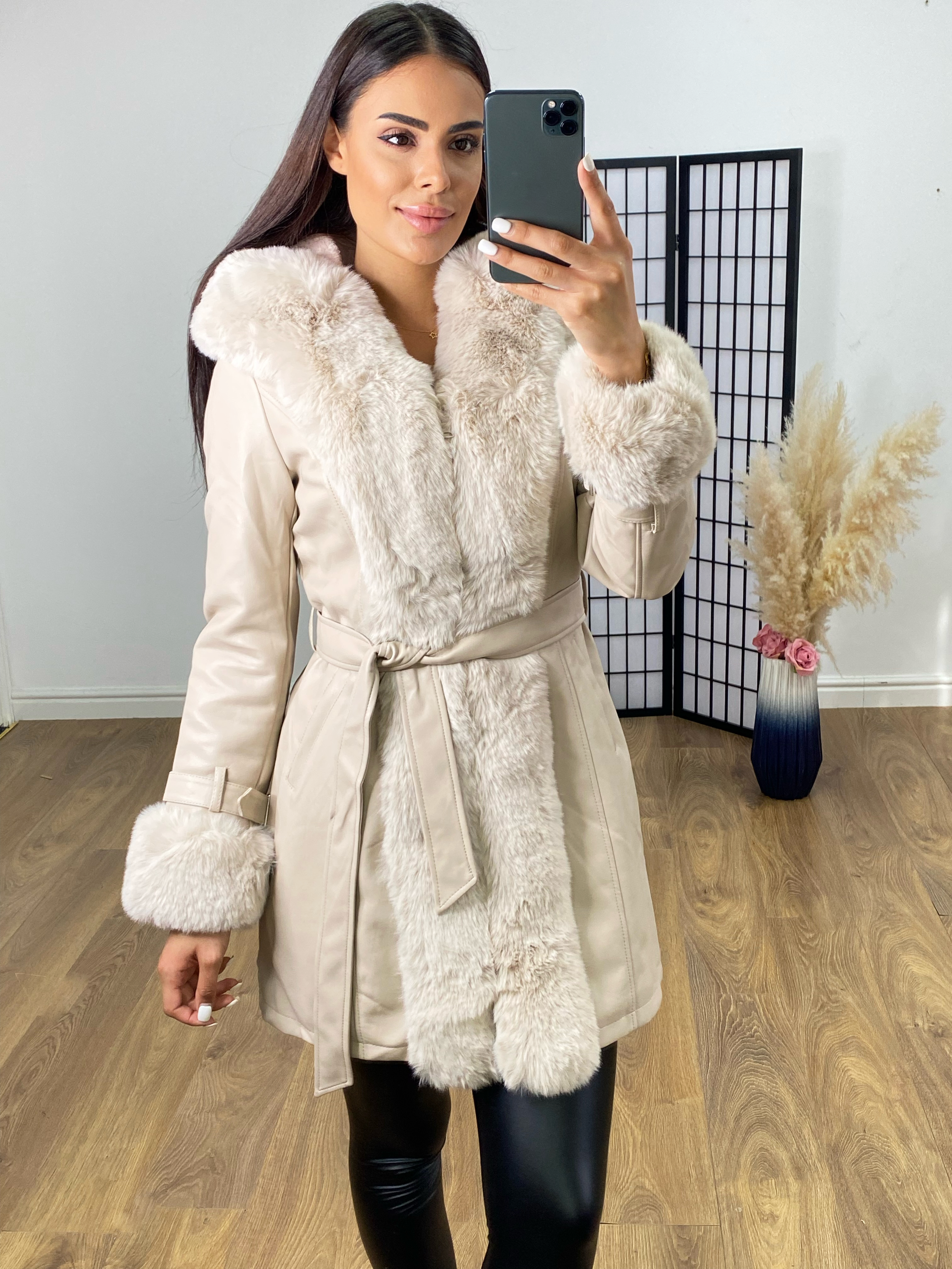 Paris Beige Faux Leather Hooded Coat