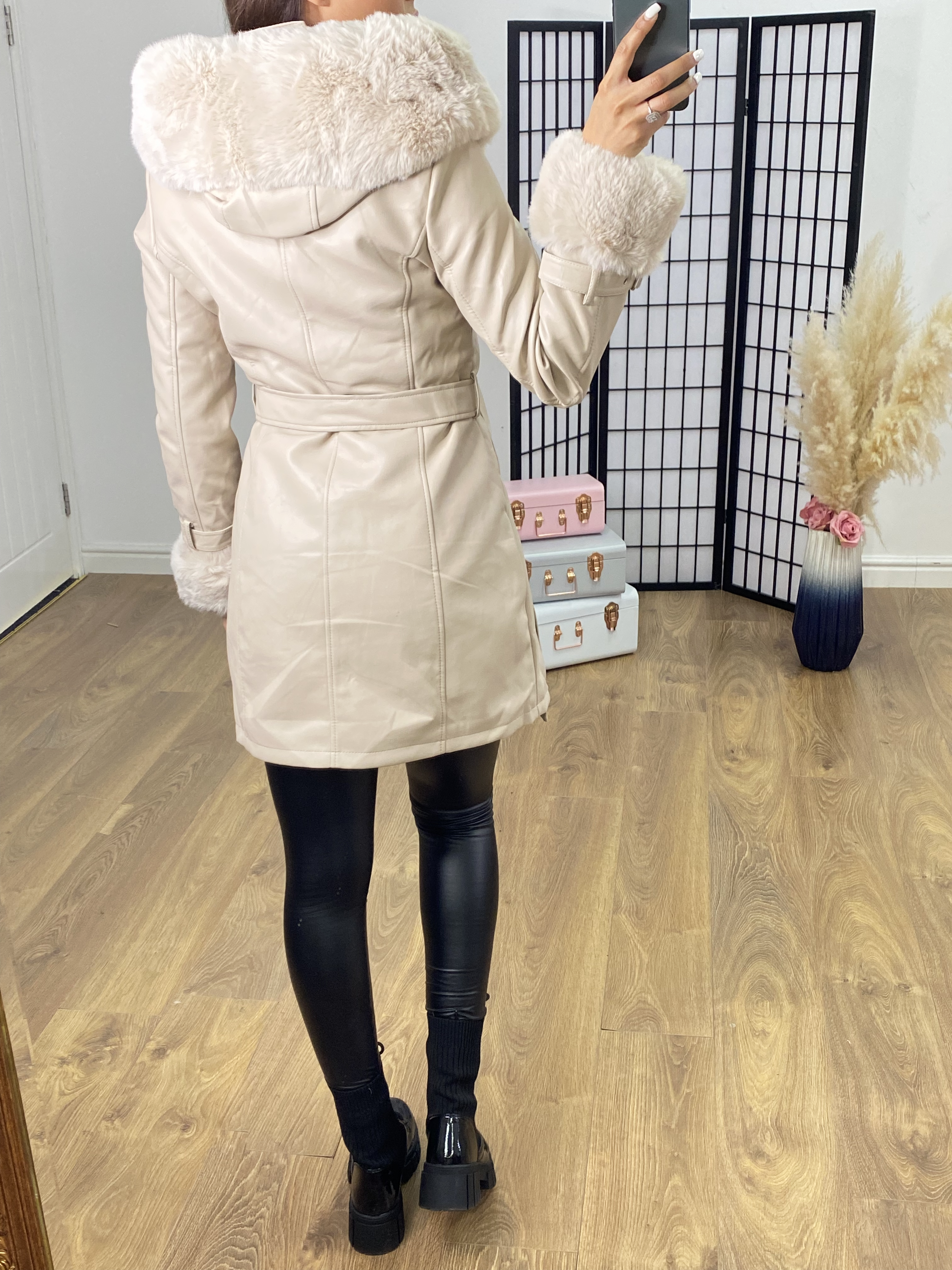 Paris Beige Faux Leather Hooded Coat