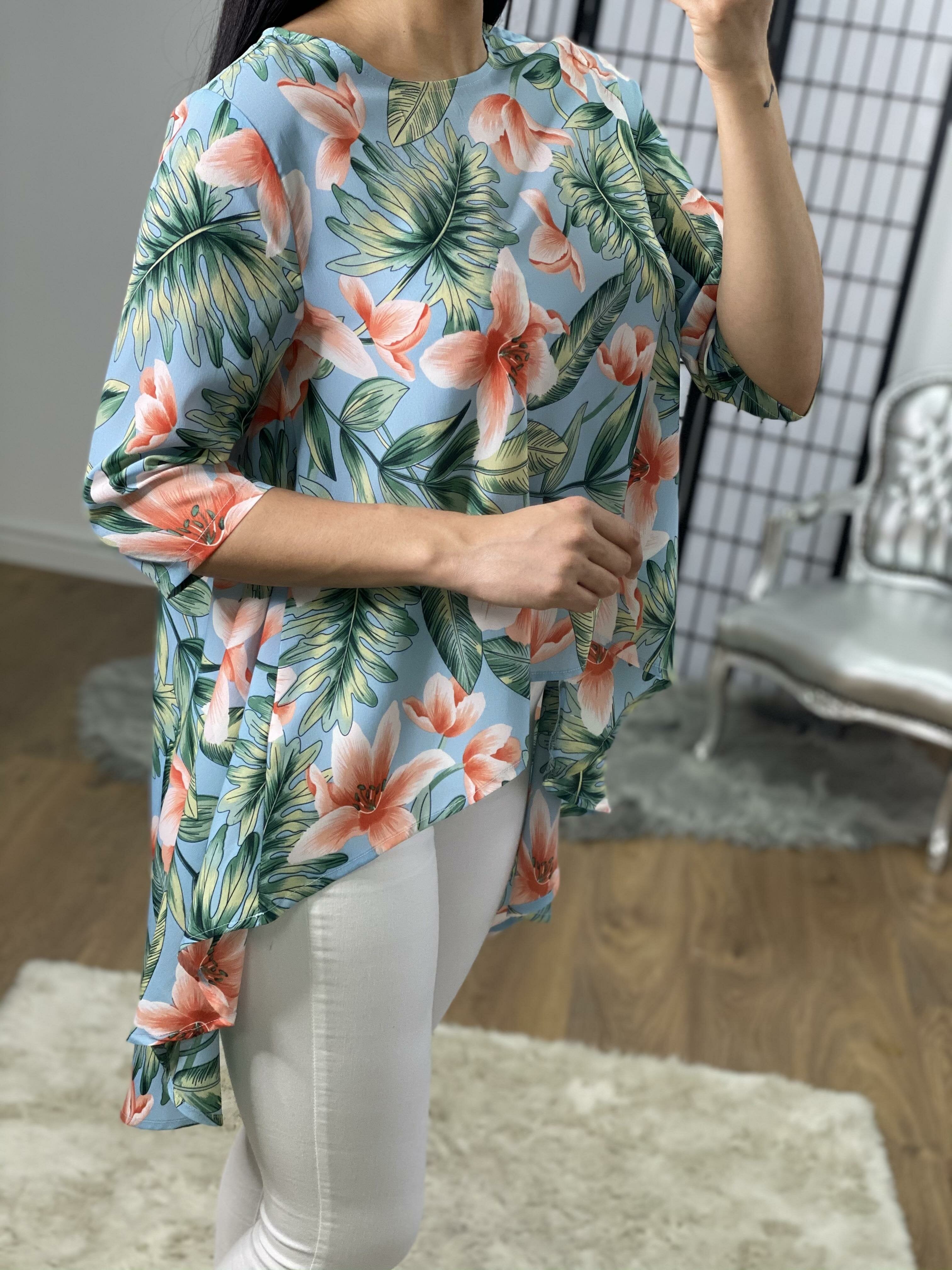 Loretina Floral Dipped Hem Floaty Blouse