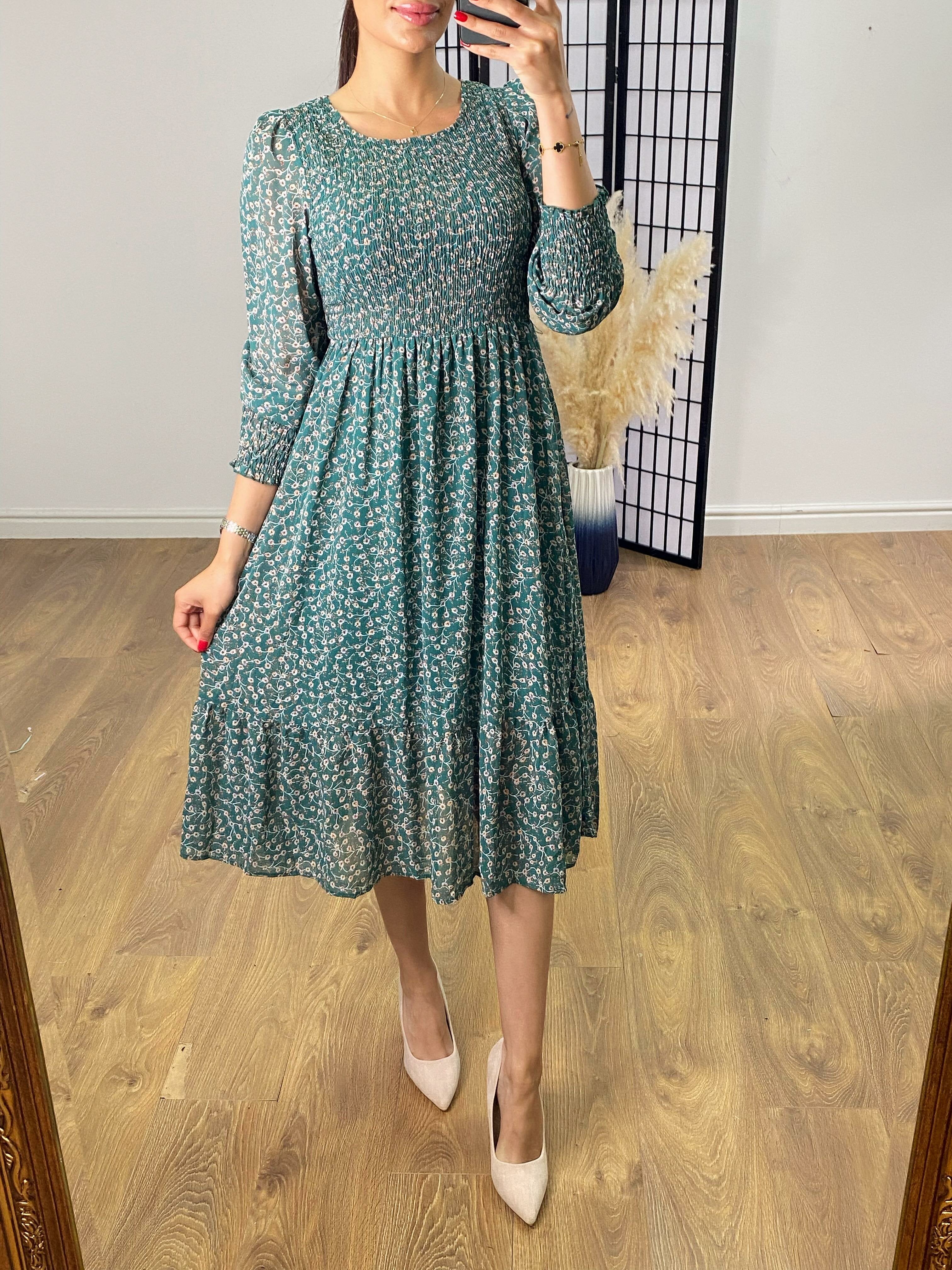 Jaylin Teal Floral Shirred Dress