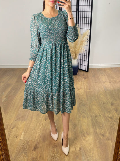 Jaylin Teal Floral Shirred Dress