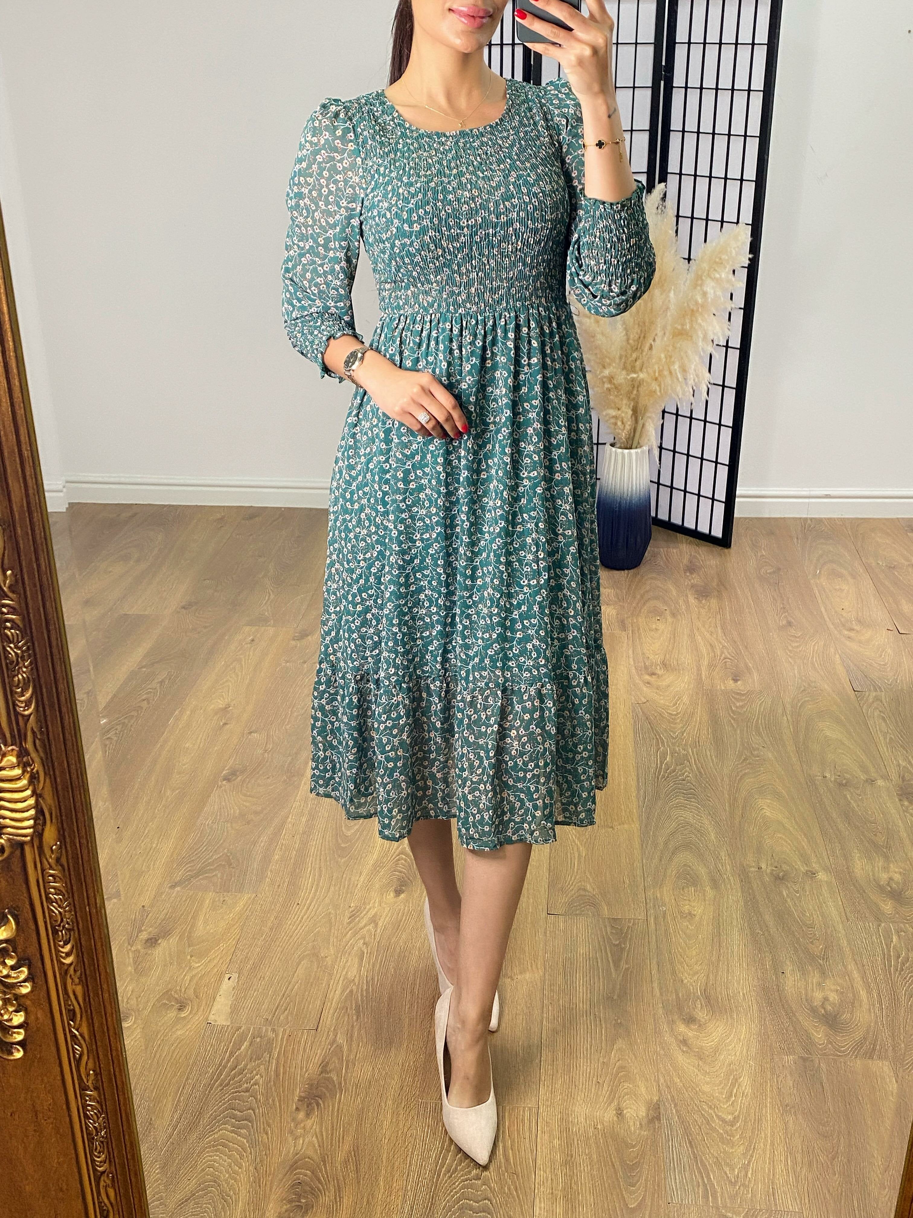 Jaylin Teal Floral Shirred Dress