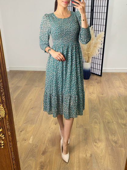 Jaylin Teal Floral Shirred Dress