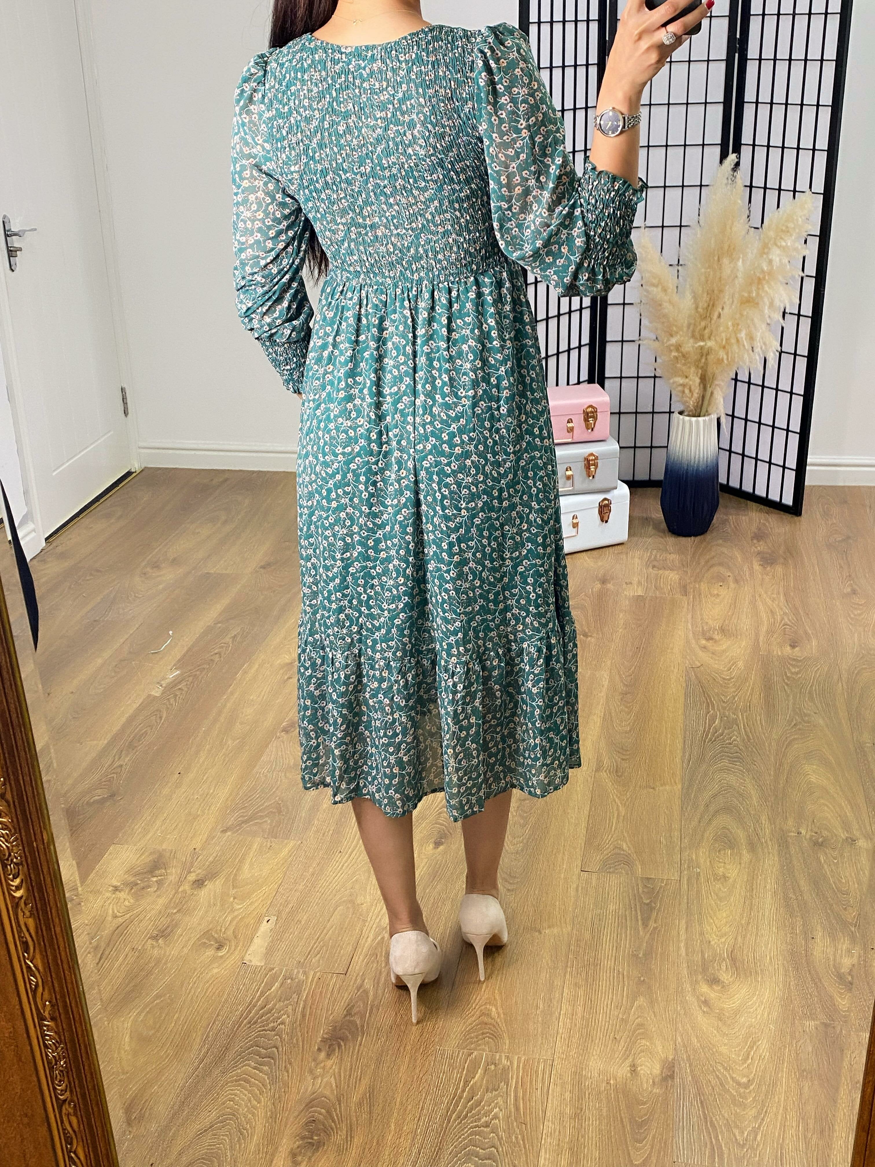 Jaylin Teal Floral Shirred Dress