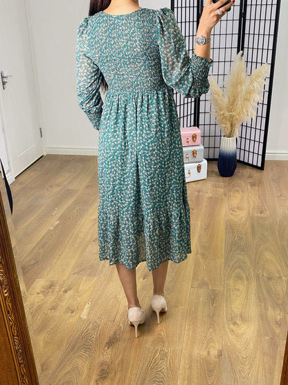 Jaylin Teal Floral Shirred Dress