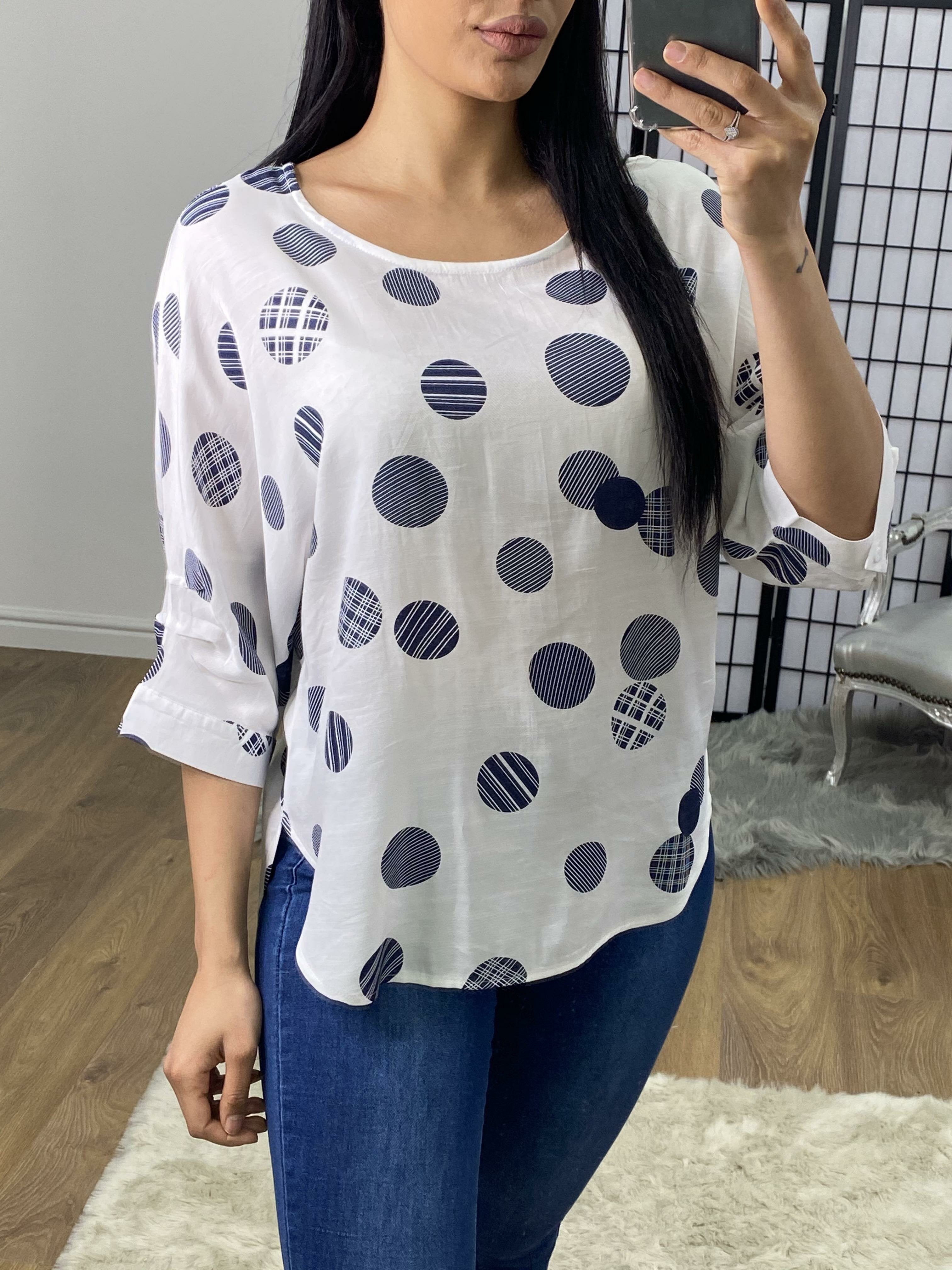 Berlin White Circle Print Dipped Hem Blouse