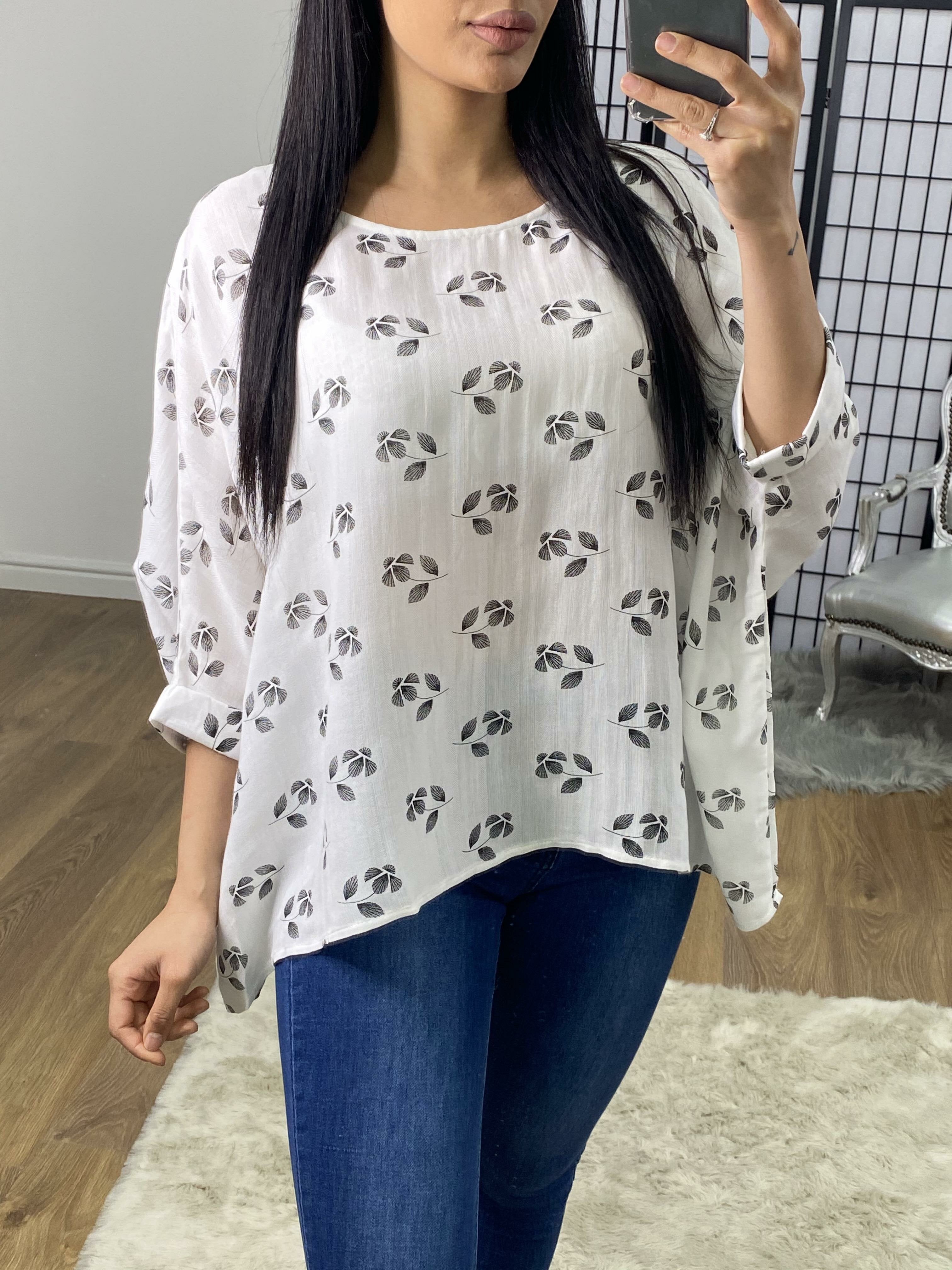 Verone White Leaf Print Batwing Top