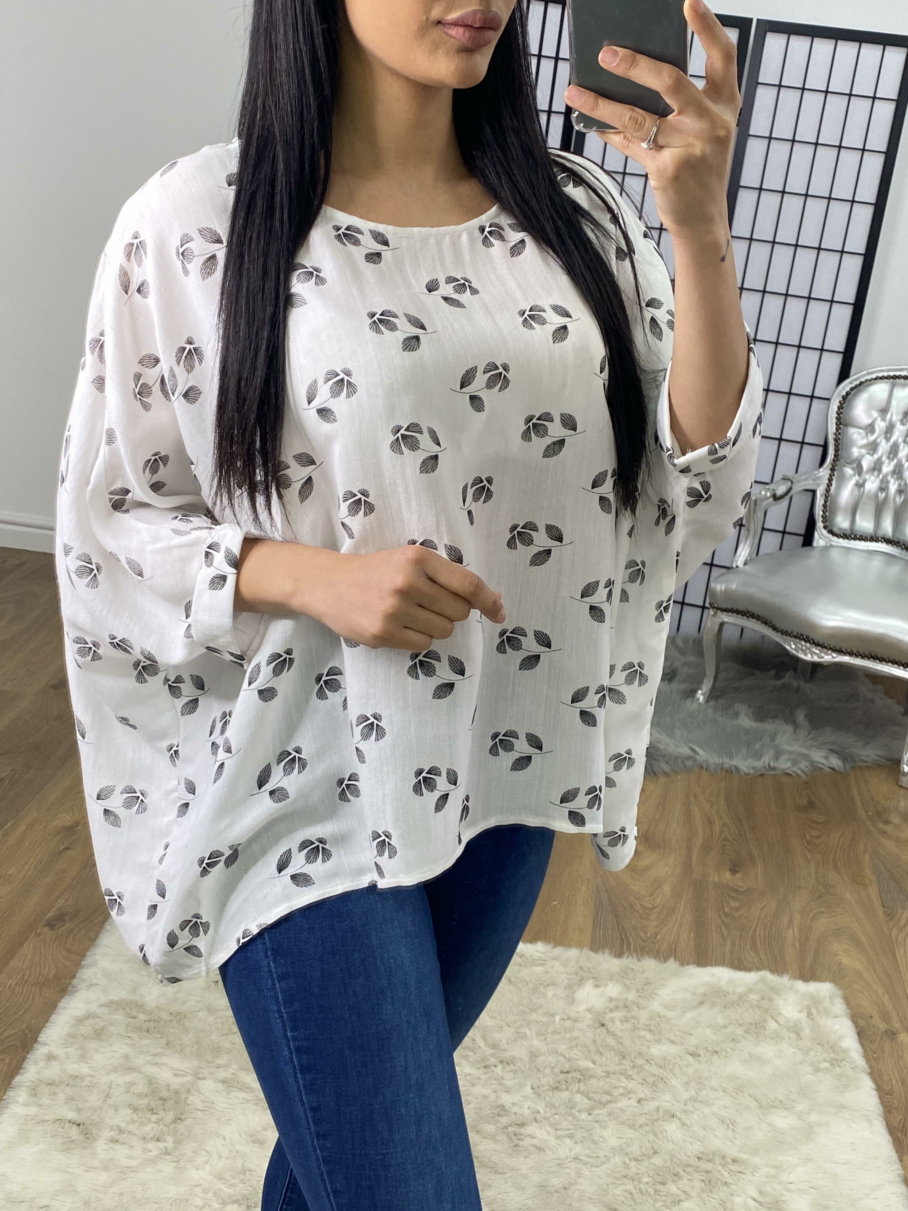 Verone White Leaf Print Batwing Top