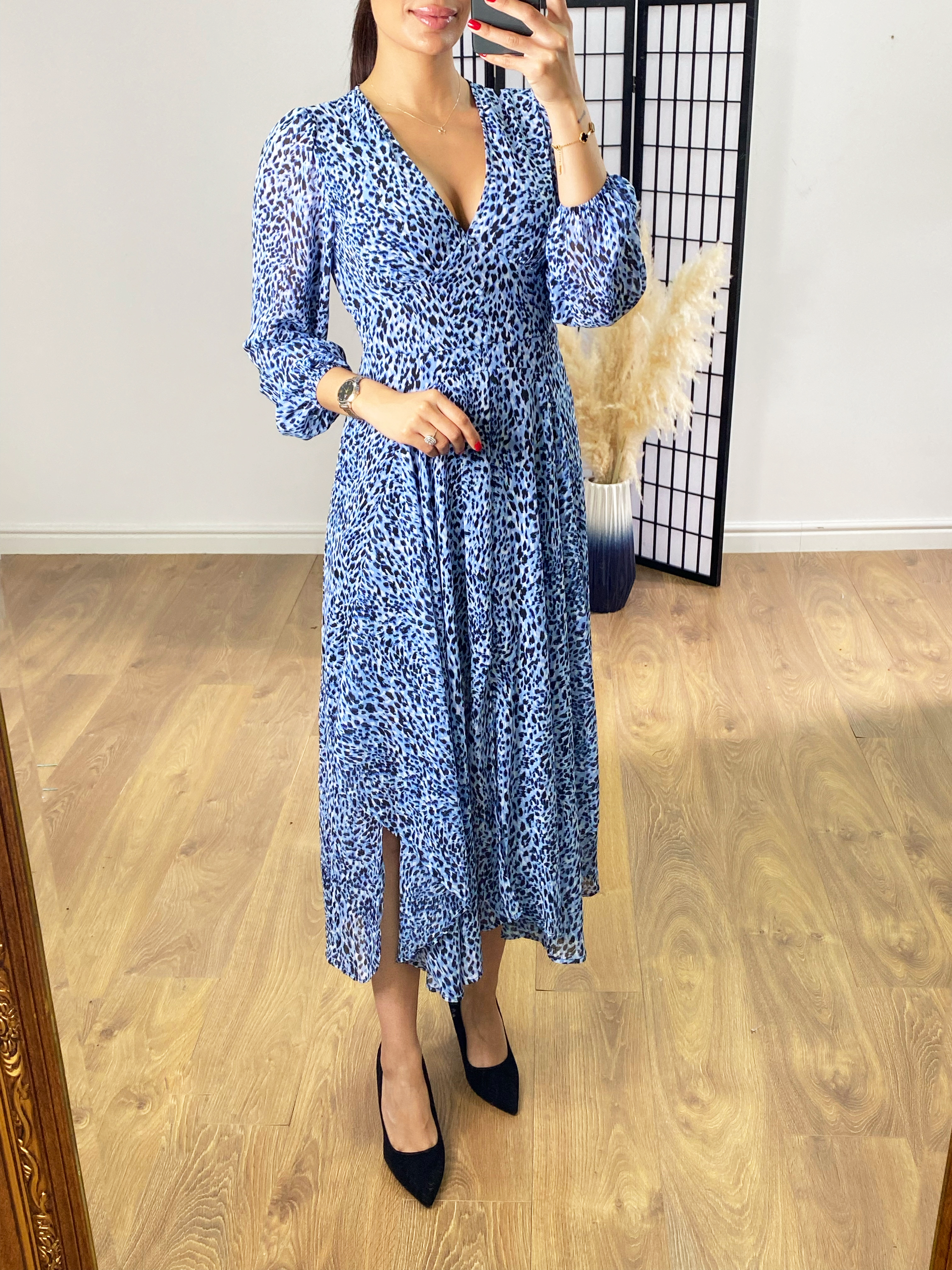 Crown Blue Leopard Print Sheer Sleeve Floaty Dress