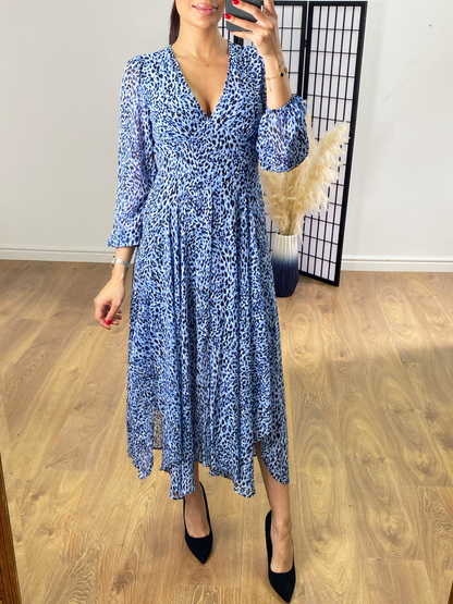 Crown Blue Leopard Print Sheer Sleeve Floaty Dress