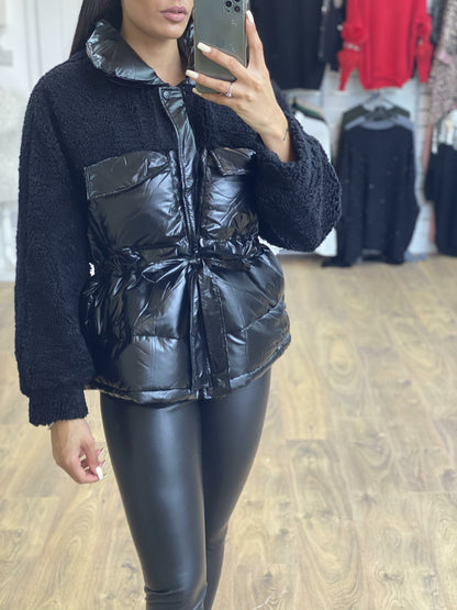 Mitzy Oversized Faux Leather Teddy Tie Waist Puffer Jacket