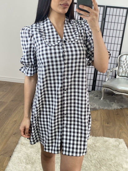 Pansy Checked Black And White Frill Shirt Dress