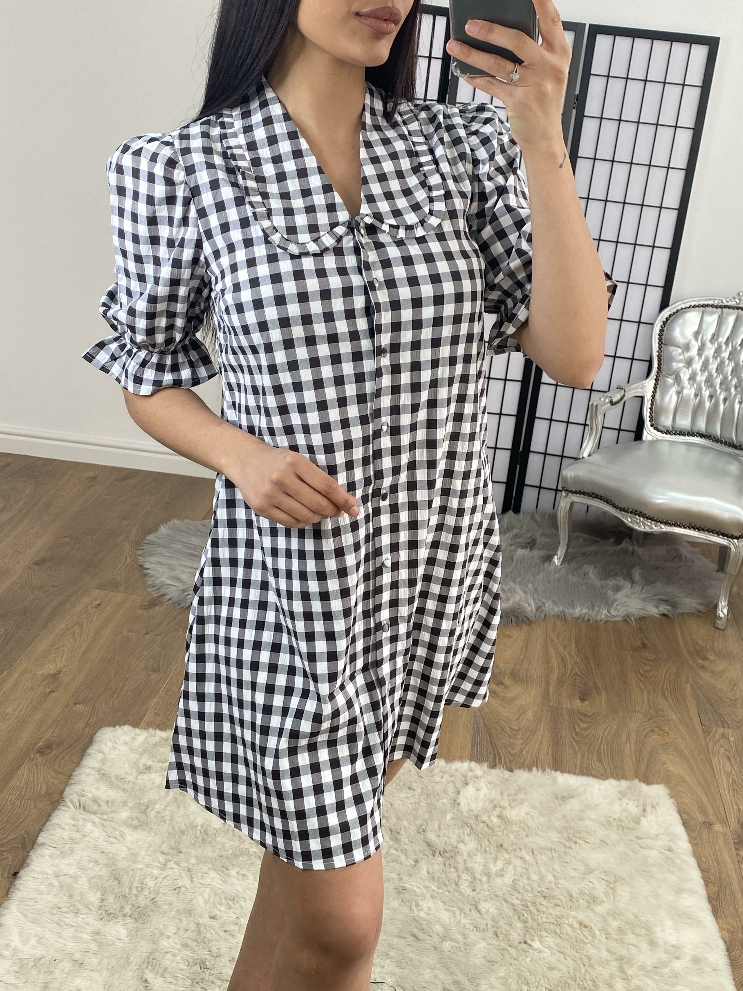 Pansy Checked Black And White Frill Shirt Dress