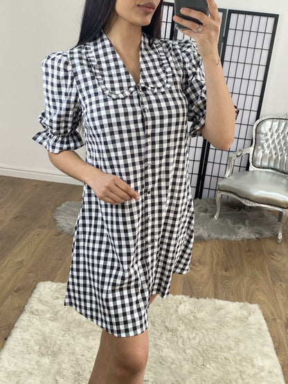 Pansy Checked Black And White Frill Shirt Dress