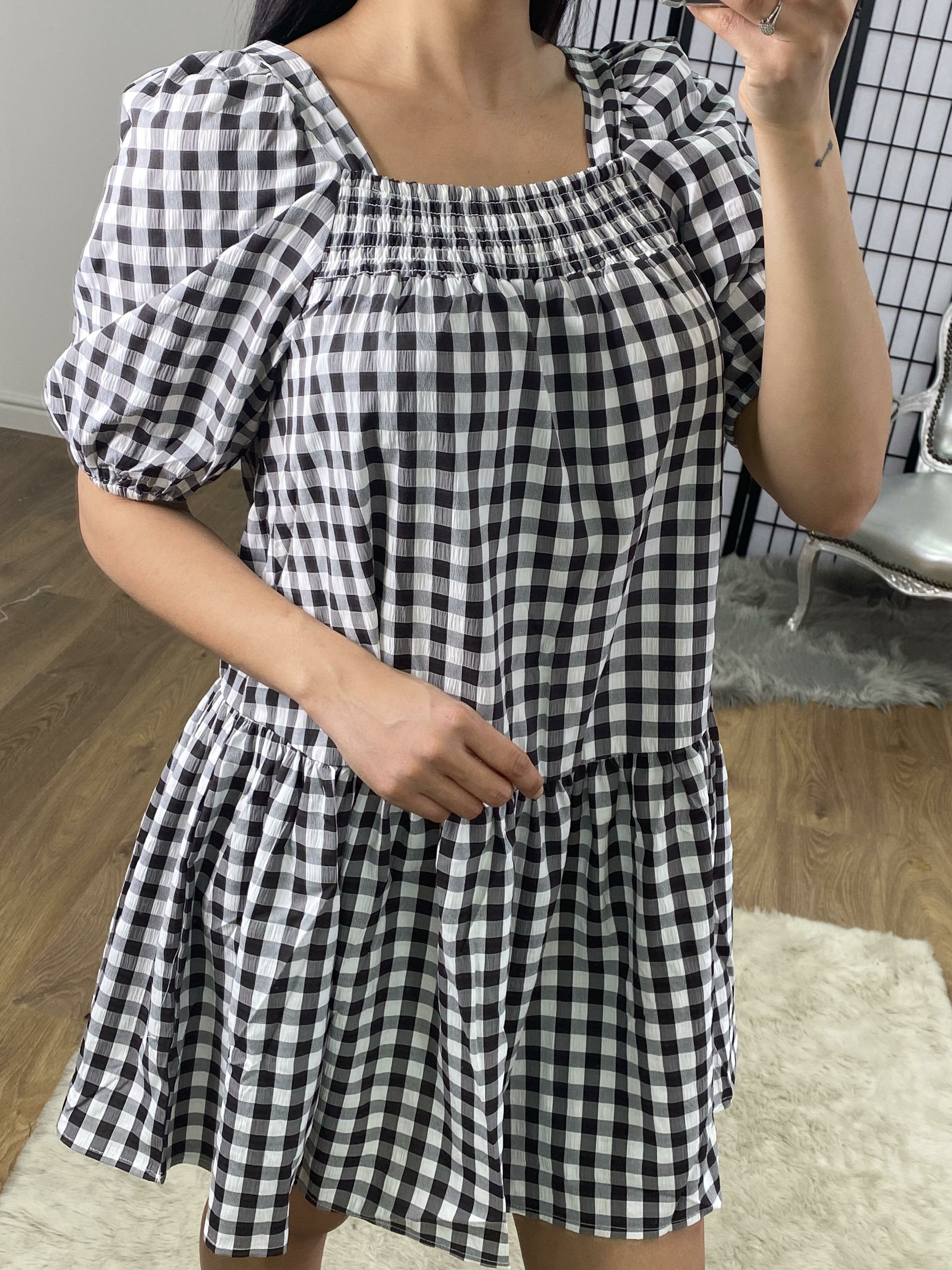 Kellis Checked Monochrome Elasticated Puff Sleeve Dress