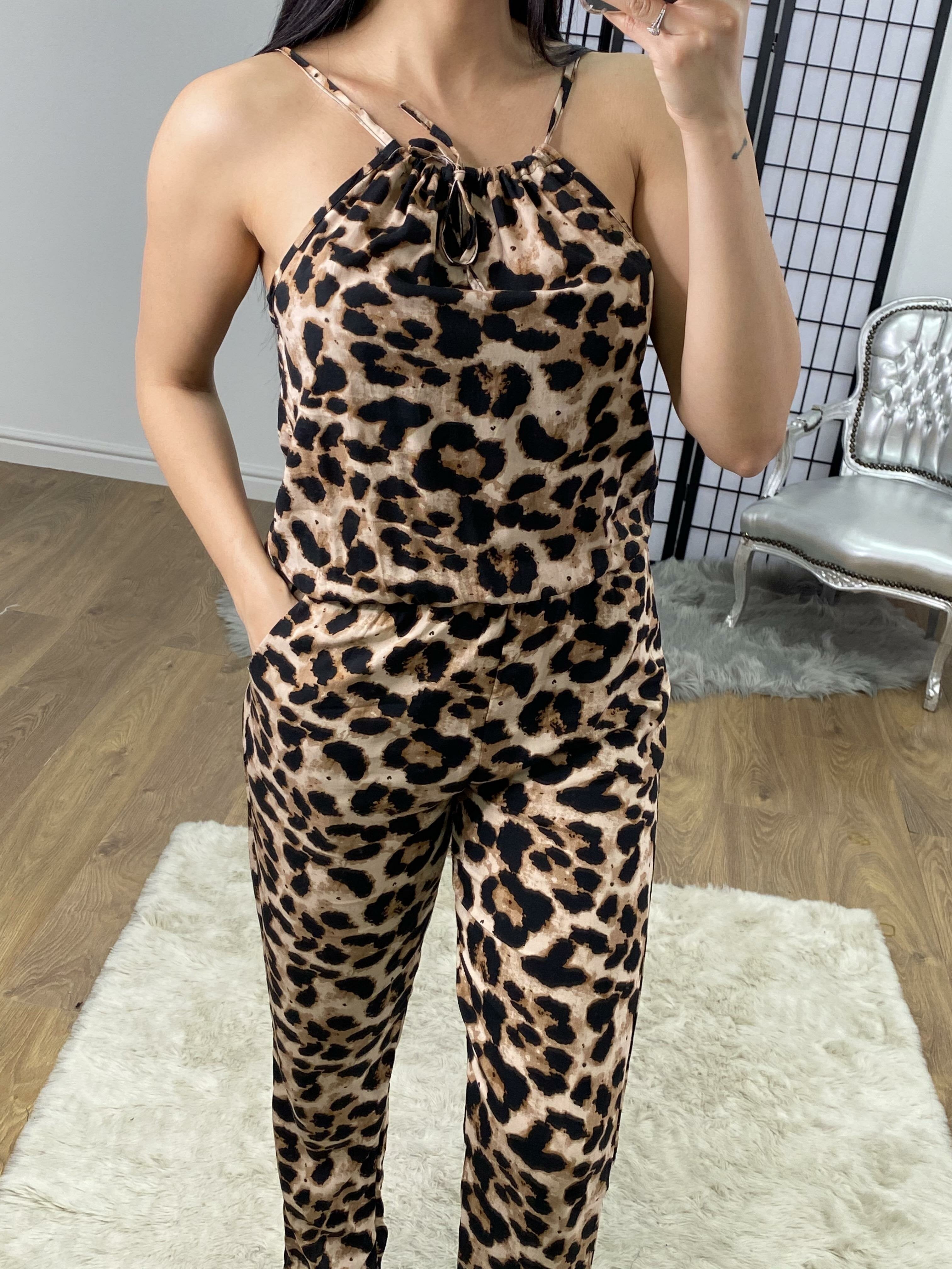 Tali Leopard Print Rouched Tie Neck Jumpsuit
