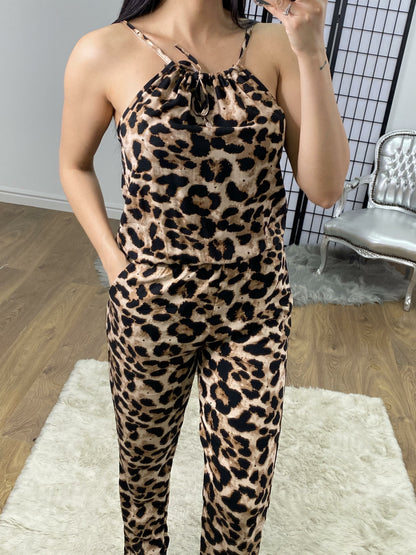 Tali Leopard Print Rouched Tie Neck Jumpsuit