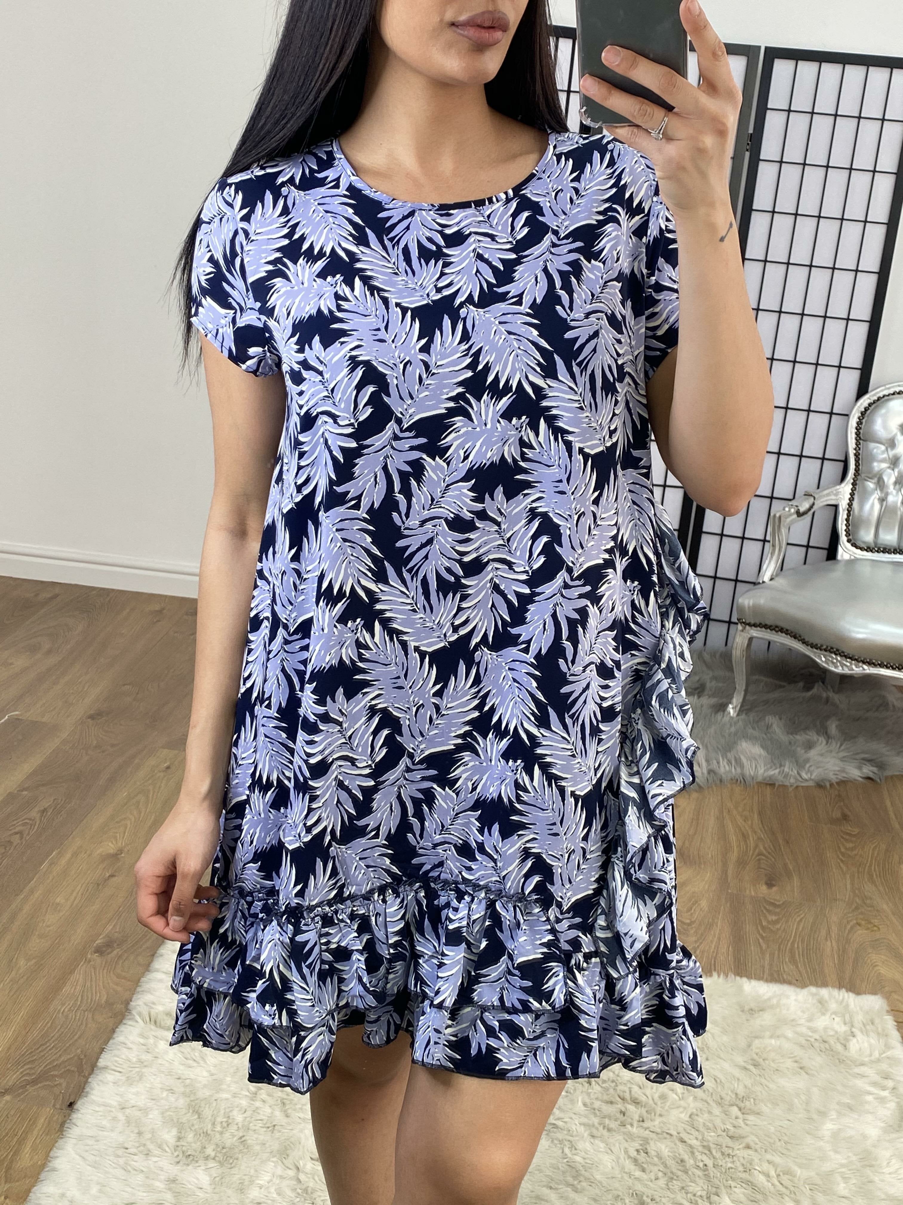 Arry Lilac Leaf Print Asymmetric Ruffle Dress