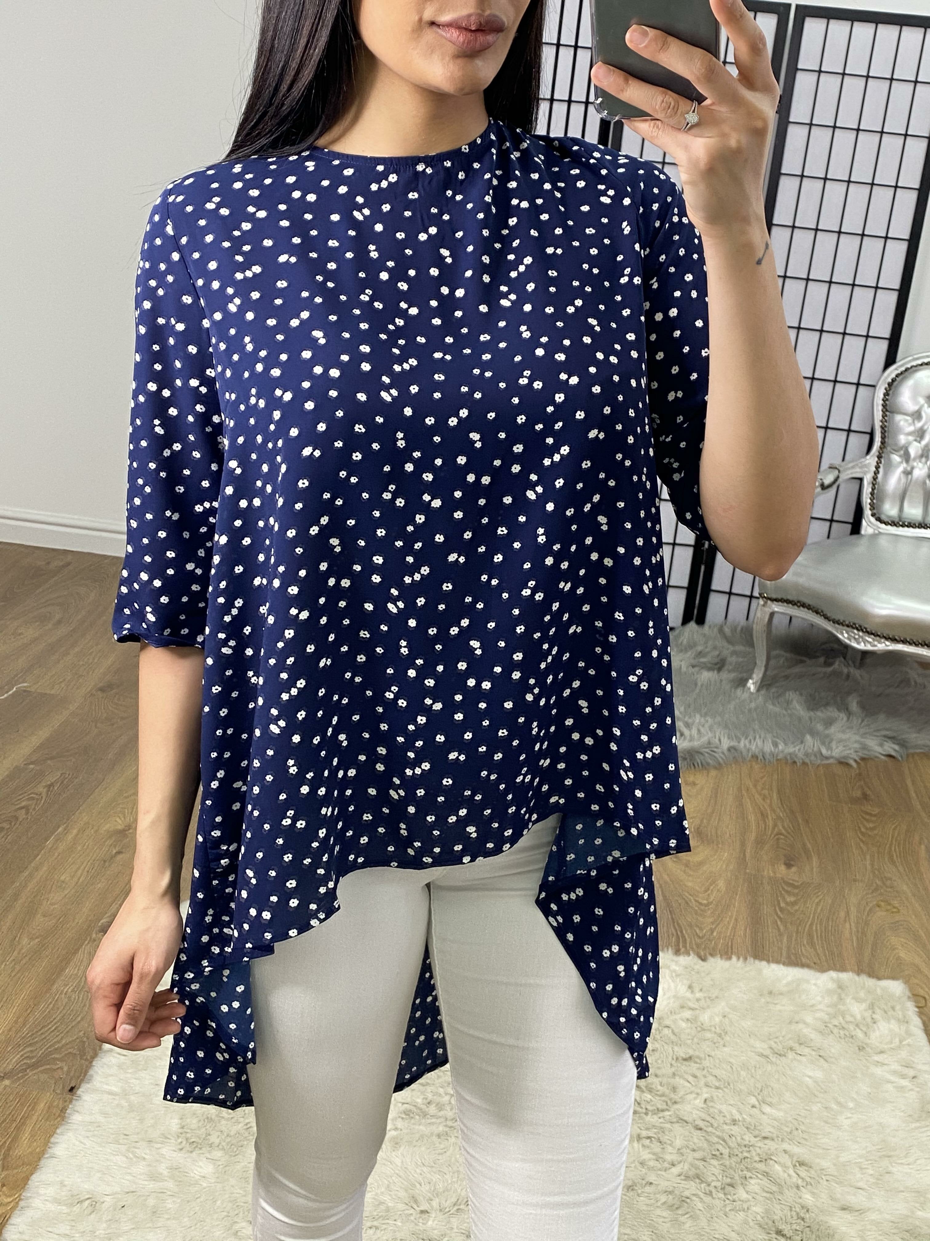 Saffie Navy Flower Print Dipped Hem Tie Back Top