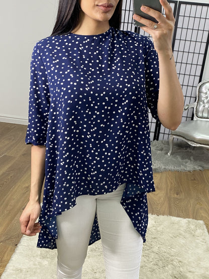 Saffie Navy Flower Print Dipped Hem Tie Back Top