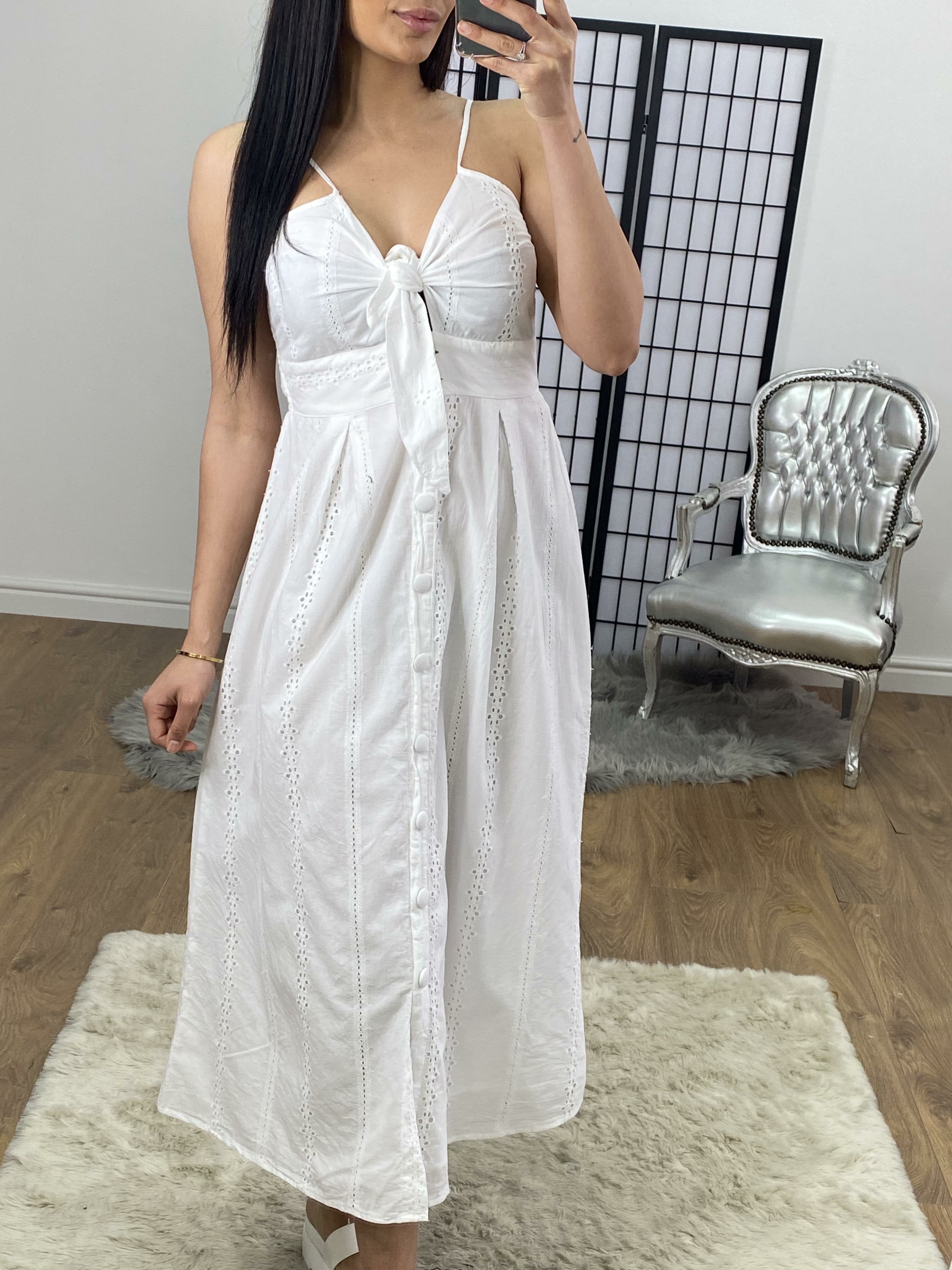 Tamiyah White Embroidery Anglaise Button Tie Dress
