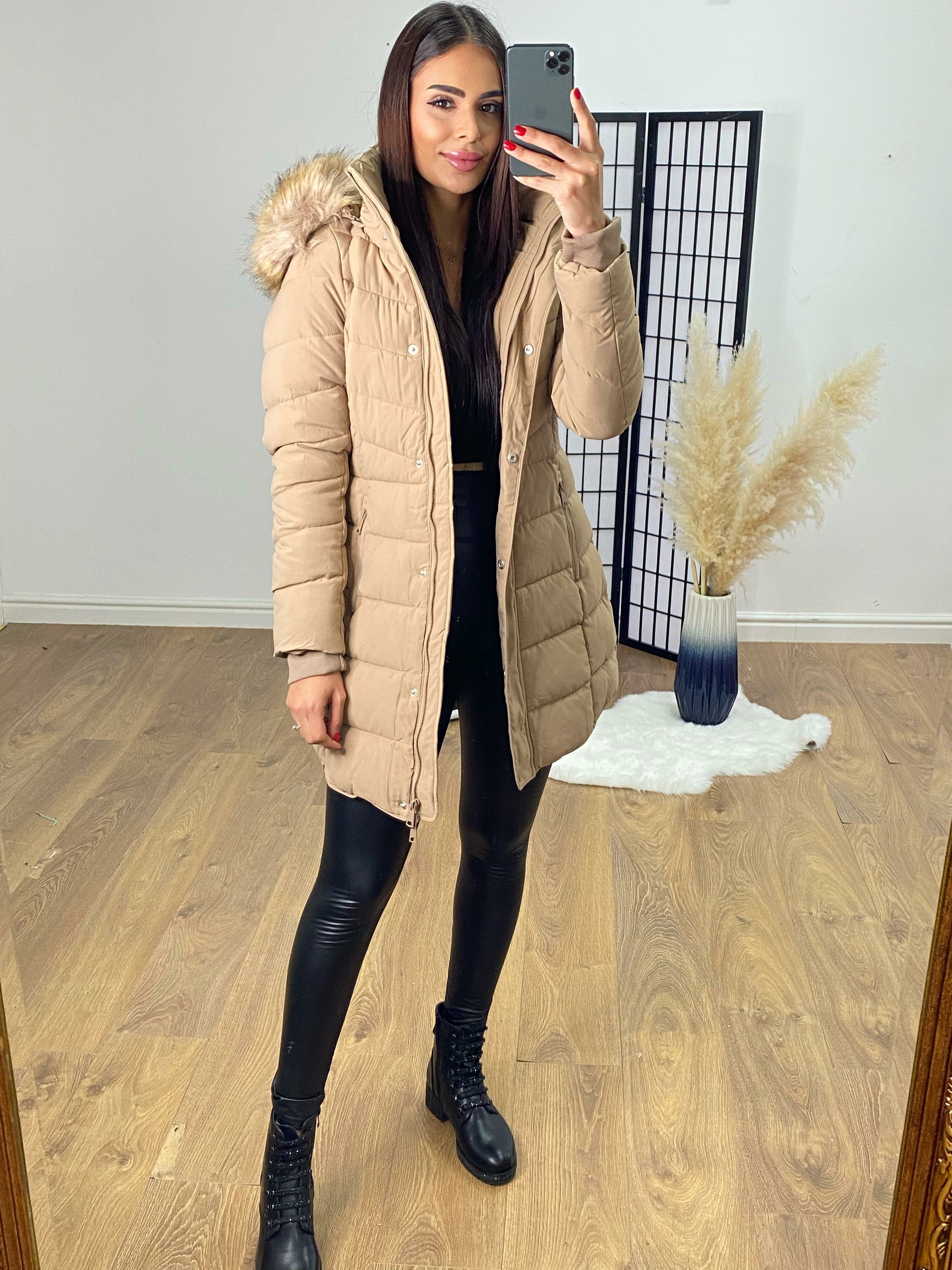 Santana Camel Faux Fur Hood Padded Coat