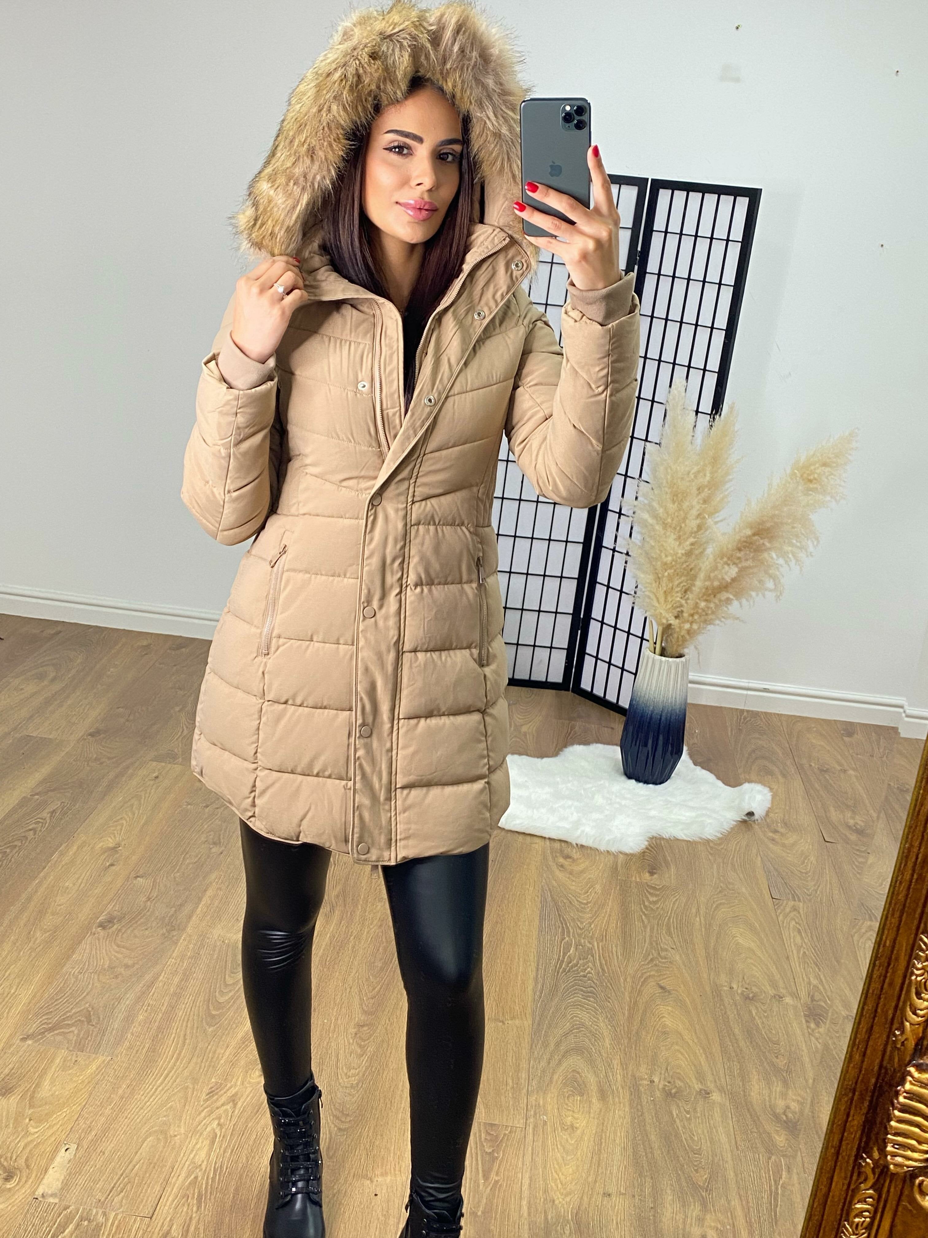Santana Camel Faux Fur Hood Padded Coat
