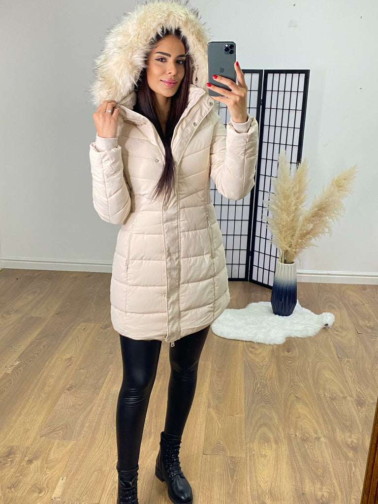 Women's Beige Puffer Padded Coat With Faux Fur Hood And Belt