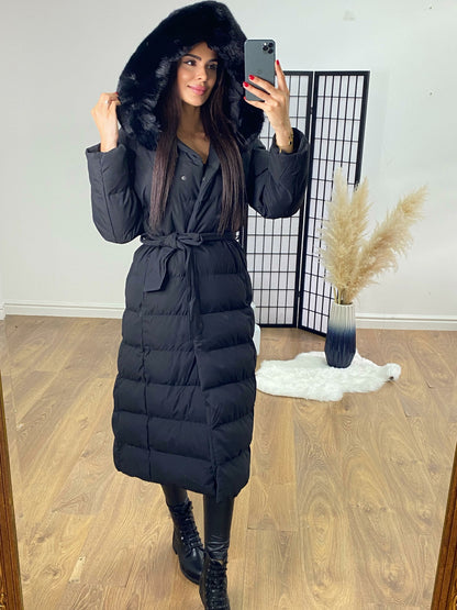 Leena Black Faux Fur Hood Padded Maxi Coat