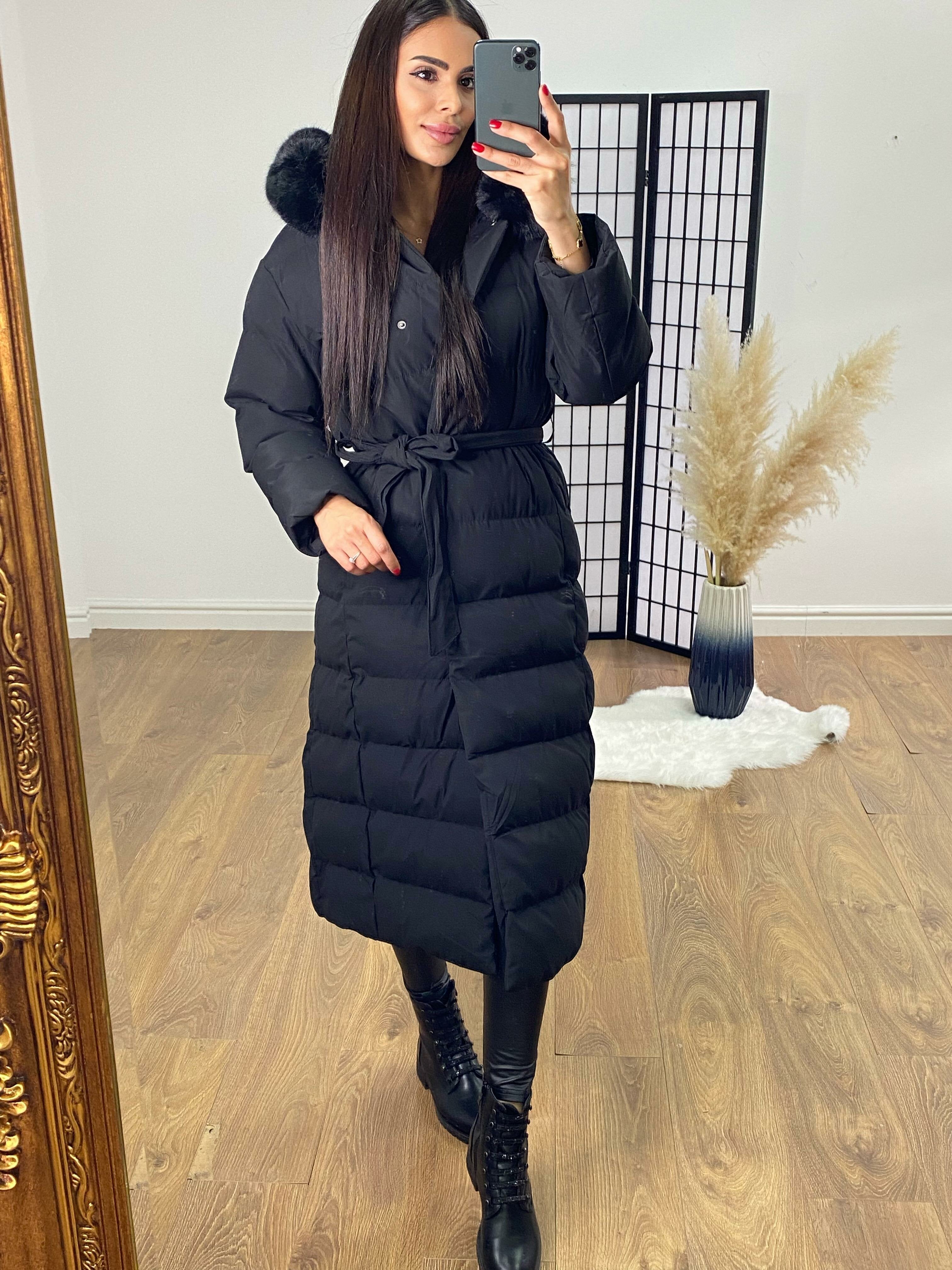 Leena Black Faux Fur Hood Padded Maxi Coat